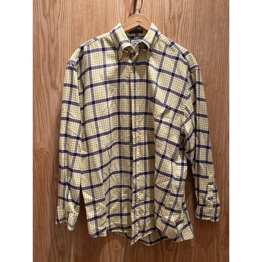 Vintage 1990s Faconnable Plaid Shirt Yellow Blue Cotton Flannel Men's Large